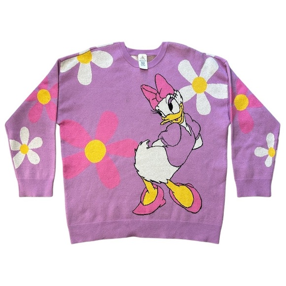 Disney Daisy Duck White and Pink Flowers Lilac Purple Sweater Size XL - Picture 2 of 9